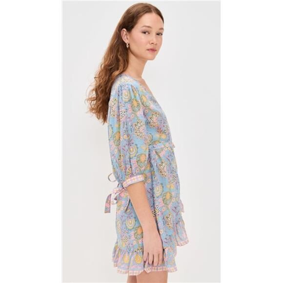 BELL Cindy Wrap Mini Dress Blue Yellow Print Retro Garden Girl Feminine Romantic - Picture 4 of 7